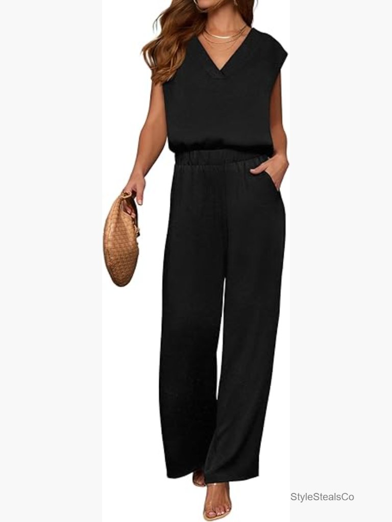 Women's 2-Piece Lounge Set, V-Neck Top & Wide Leg Pants, Size Medium